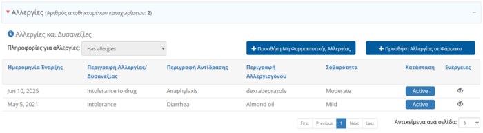Εικόνα 6.10.1: Αλλεργίες και Δυσανεξίες Ασθενούς.