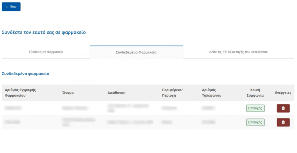 Εικόνα 8.2.0.19: Αναλυτικός Πίνακας Φαρμακείων όπου είναι εγγεγραμμένος ο Χρήστης.